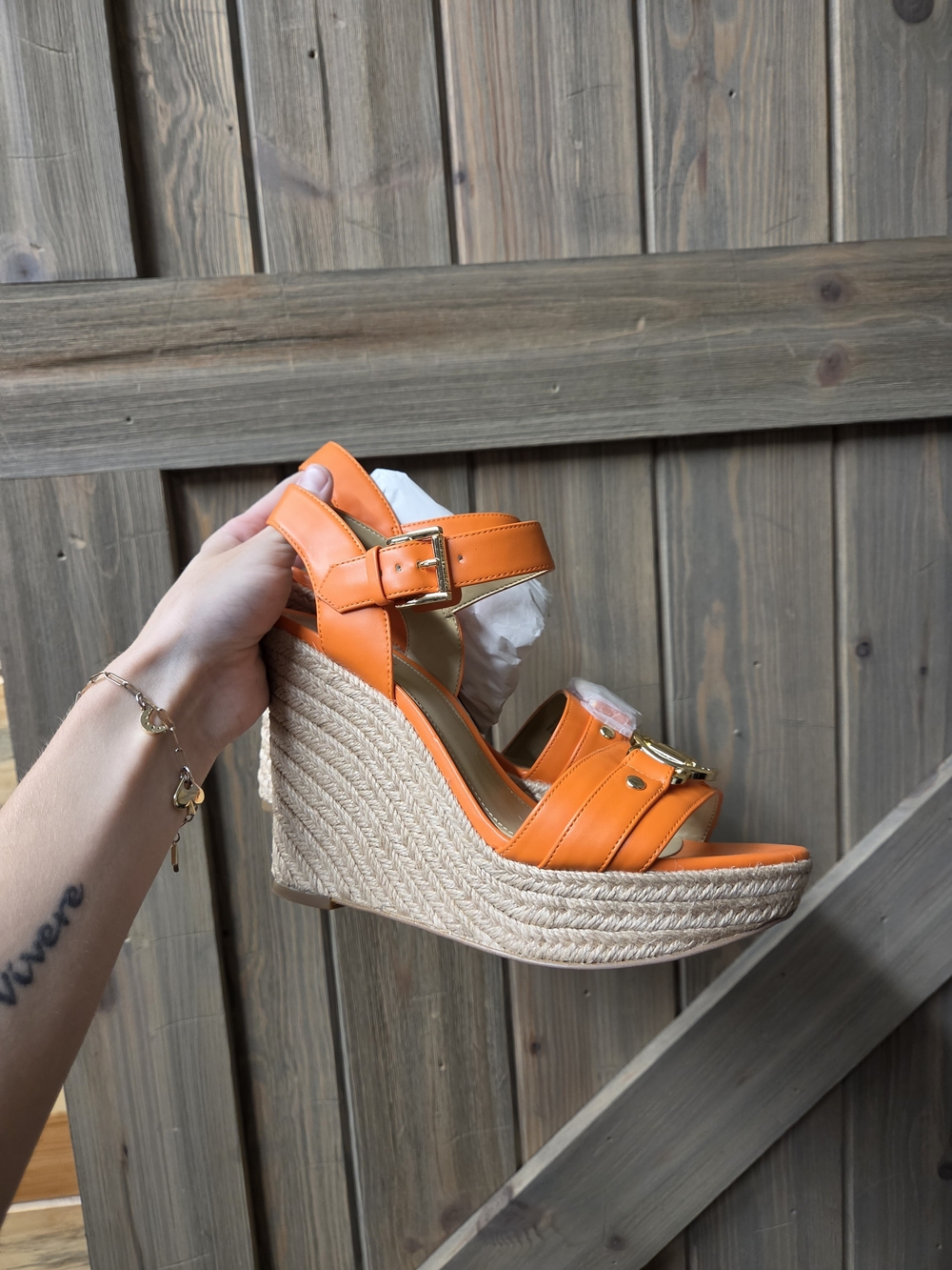 Michael Kors Orange Leather Espadrille Wedge Sandals with Gold MK Accent - Picture 2 of 3